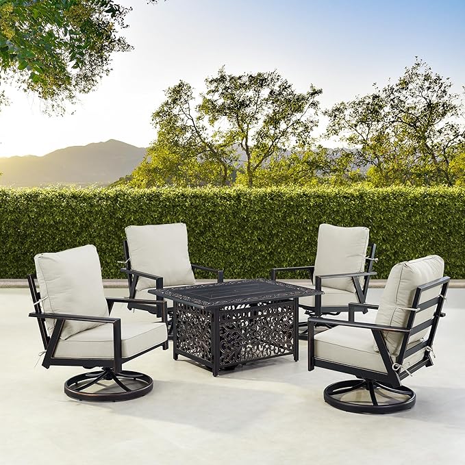 Oakland Living Black Aluminum Patio Fire Table Set with Four Club Chairs with Light Grey Cushions