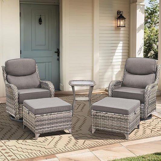Luxury High Back Outdoor Furniture with 6-Inch Thick Cushions, Patio Furniture Set with Ottomans, 5 PCS Wicker Conversation Set for Porch, Balcony, Deck and Yard