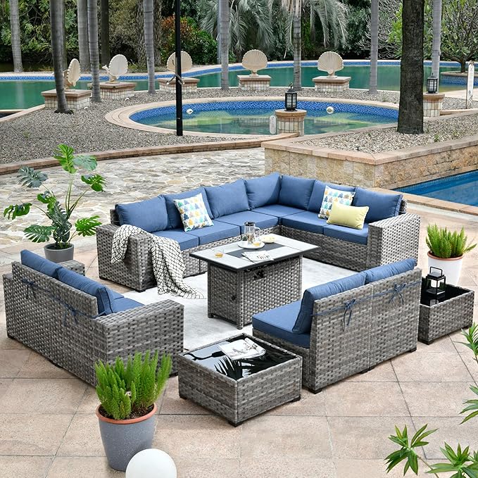 HOOOWOOO 13 Piece Modular Patio Outdoor Sectional Furniture Set with Gas Propane Fire Pit Table,Wicker Conversation Sofa Set,Out Door Couch Set with Wide Arm Outside(Denim Blue)