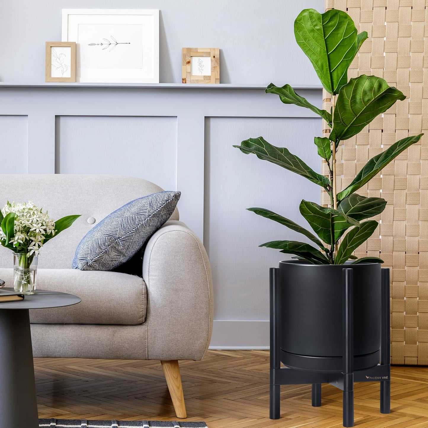 D'vine Dev Ceramic Planter with Ebony Stand - 12 Inch Modern Round Flower Pot with Wood Planter Holder, Black, 55-B-H-2