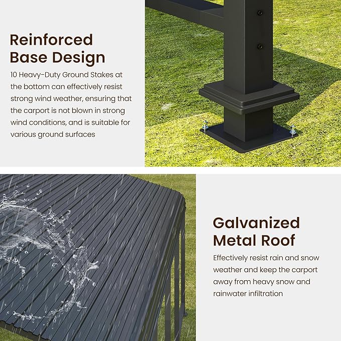 12x20FT Metal Carport, Heavy Duty Carport Canopy with Reinforced Frame and Base for All-Weather, Outdoor Garage Car Port for Pickup Trucks, Boats, Tractors or Party