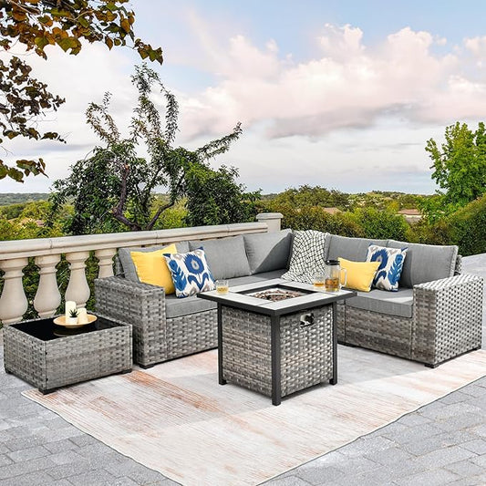 HOOOWOOO Modular Patio Outdoor Sectional Furniture Set with Gas Propane Fire Pit Table,7 Piece Wicker Conversation Sofa Set,Out Door Couch Set with Wide Arm Outside(Dark Grey)