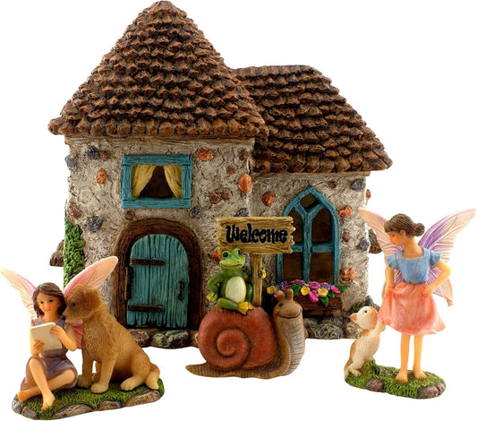 PRETMANNS Fairy House Kit - Fairy Garden Accessories for Outdoor Miniature Village Decor, with Fairies & Sign - House, 6.5' High & Door can Open Wide - 4 Piece Supplies