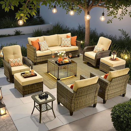 ovios 9 Pieces Patio Furniture Set, Outdoor Wicker Sofa Couch with Rocking Swivel Chairs Solar Lights Table, Modern Deep Seat Rattan Conversation Sets for Porch Deck, Beige