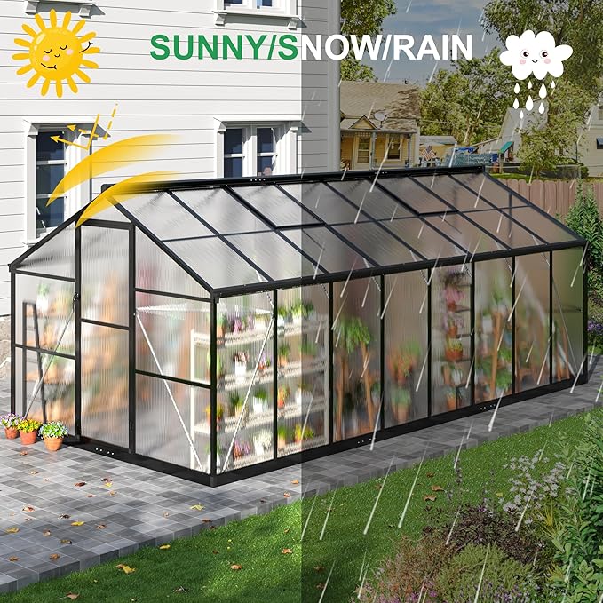 WKM 8x16 FT Greenhouse for Outdoors, Polycarbonate Greenhouse with Roof Vent and Quick Setup Structure, Aluminum Greenhouse for Garden Backyard, Black
