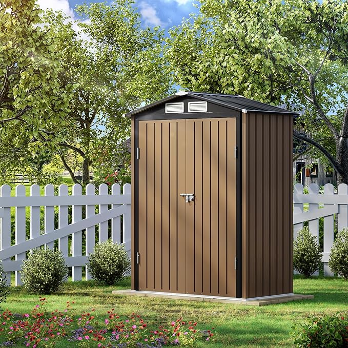 3X5FT Outdoor Steel Storage Shed with Lockable Doors, One Window,Ideal for Garden, Backyard, Patio Storage,Brown