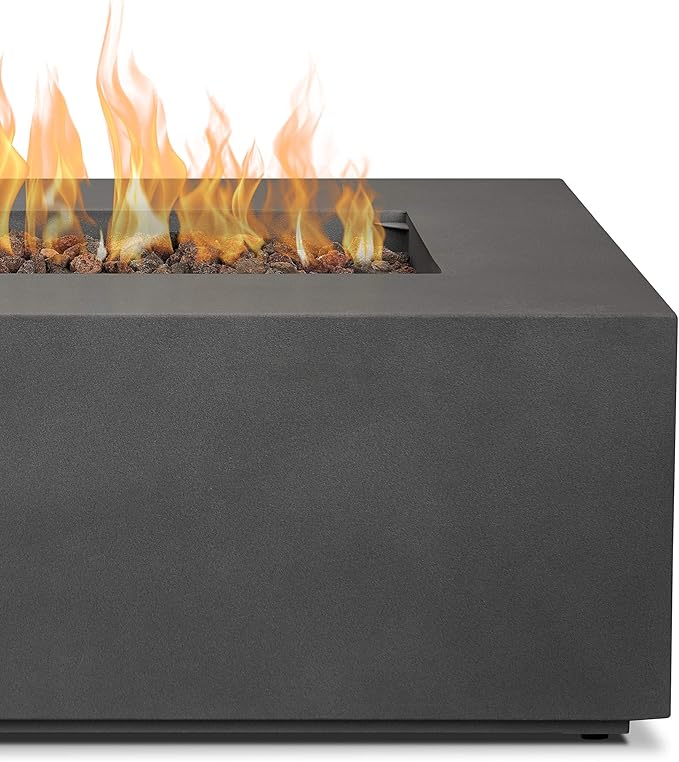 Real Flame Aegean 42in Rectangle Propane or Natural Gas Fire Pit Table, 50,000 BTU, Powder-Coated Steel, Push-Button Ignition, CSA Certified, Lava Rock, Storage Cover, Stainless Steel Burner with Lid