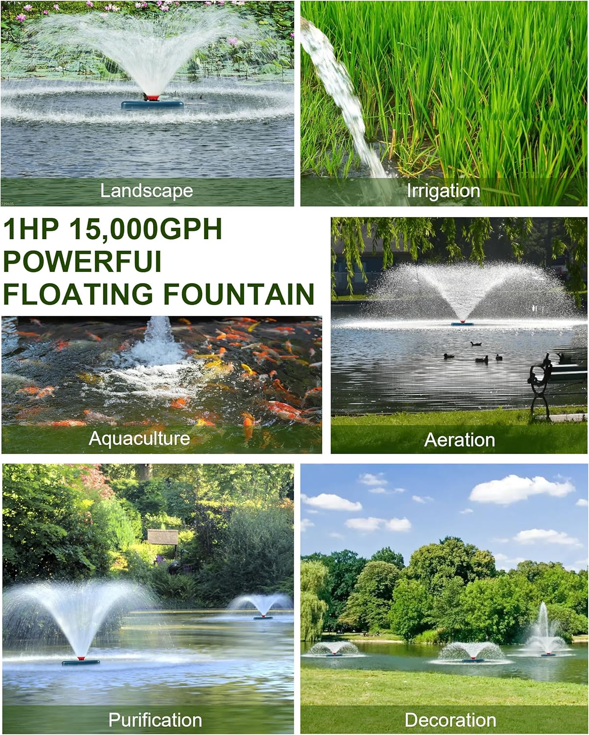 Pond Fountain Aerator 1HP, AS1 750W 15000GPH 110V 120V High Flow Floating Water Fountain Pump With 100ft Power Cord, Thickened Body Aerating Fountains Cascade for Large Small Pond/Lake (No Timer)