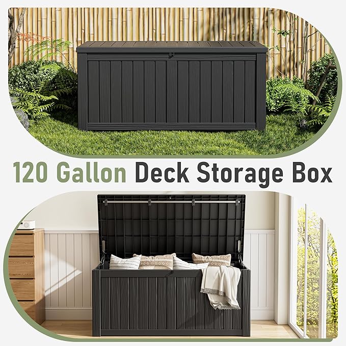 120 Gallon Deck Box,Waterproof Resin Outdoor Storage Box Lockable for Patio Furniture Cushions, Garden Tools, Heavy-Duty Double-Wall Structure with Gas Lift and Reinforced Seat Lid, Black
