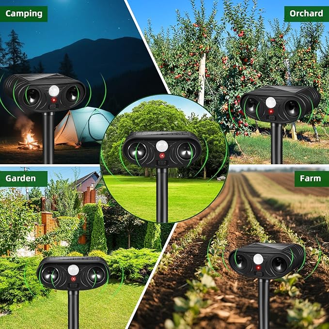 Solar Ultrasonic Animal Repellent Outdoor, Deer Repellent Devices, Waterproof Cat Rabbit Repeller with Motion Detection Flash Light to Deterrent Squirrel Dog Skunk Raccoon for Garden Yard Farm(4Pack)