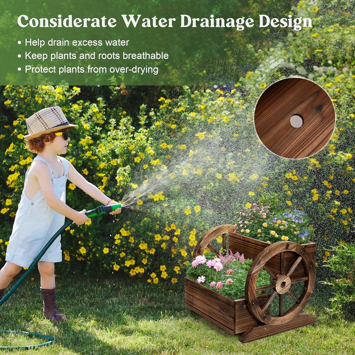 2PCS Wooden Wagon Planter Box, Garden Planter with Wheels,Decorative for Flowers Herbs Vegetables for Indoor & Outdoor Decor,Wooden Flower Cart for Patio Garden Balcony