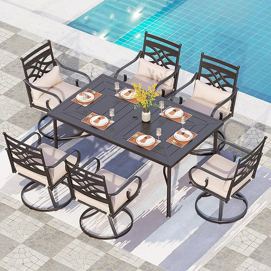 PHI VILLA 7 Pcs Patio Dining Set,Outdoor Table Chair Set for 6 with Outdoor Swivel Chairs and Metal Frame Steel Rectangular Table,Outdoor Dining Furniture with Cushion and Pillow for Garden Lawn Deck