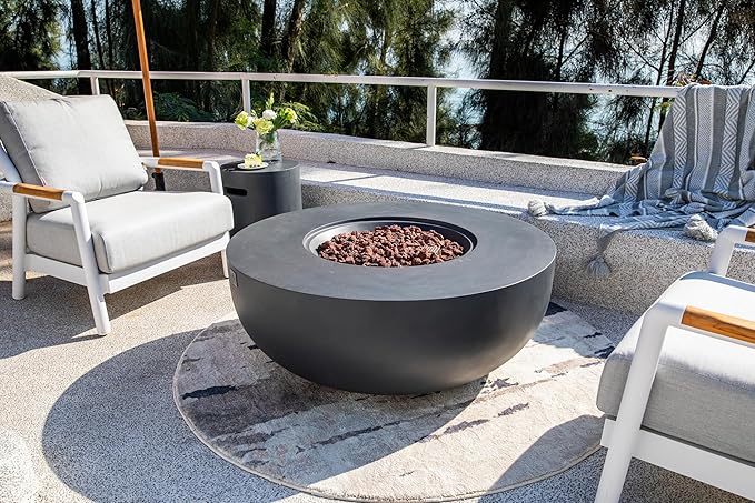 AMS Creations | Eclipse 44" Round Cast Concrete Propane Gas Fire Pit Bowl Table | Dark Gray | Smooth Texture Surface | Electronic Ignition | Outdoor Patio Heater Outside Backyard Fireplace
