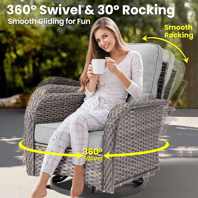 ovios 9 Pieces Patio Furniture Set, Outdoor Wicker Sofa Couch with Rocking Swivel Chairs Solar Lights Table, Modern Deep Seat Rattan Conversation Sets for Porch Deck, Dark Grey