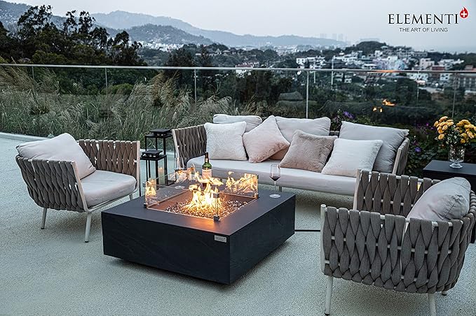 Elementi+ | Roraima Gas Fire Pit Cast Concrete 40" Square Fire Table, Outdoor Fire Pit Electronic Ignition | Canvas Cover, Fire Glass and Burner Lid Included | Dark Gray | Natural Gas