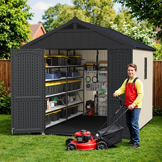 Greesum 8×10 FT Plastic Outdoor Storage Shed with Floor, Resin Sheds with Lockable Door and Window, Weather Resistant Organization for Garden, Lawn, Pool Supplies, Beige