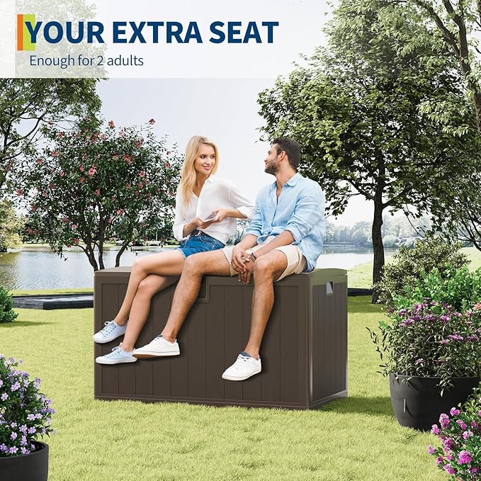 130 Gallon Outdoor Storage Box, Waterproof Deck Box, Lockable Storage Bin, Suitable for Patio Furniture, Pool Accessories, Gardening Tool, Faux Wood Grain Brown