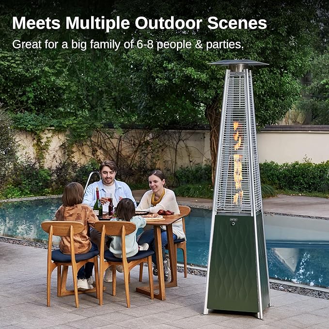 EAST OAK Pyramid Patio Heater, 48,000 BTU Outdoor Patio Heater, Quartz Glass Tube Propane Heater, Triple Protection System, Outdoor Heater with Wheels, Green, Outdoor Heater with Cover