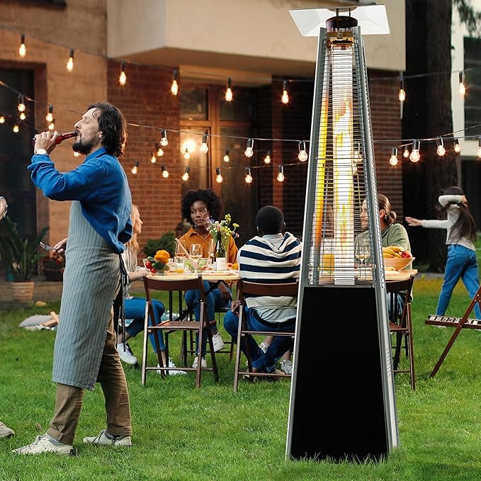 Nuu Garden Outdoor Propane Patio Heater, 48,000 BTU Pyramid Outdoor Heater with Wheels, Hammered Bronze Tower Portable Heater with Oxford Cover for Garden, Terrace, Black