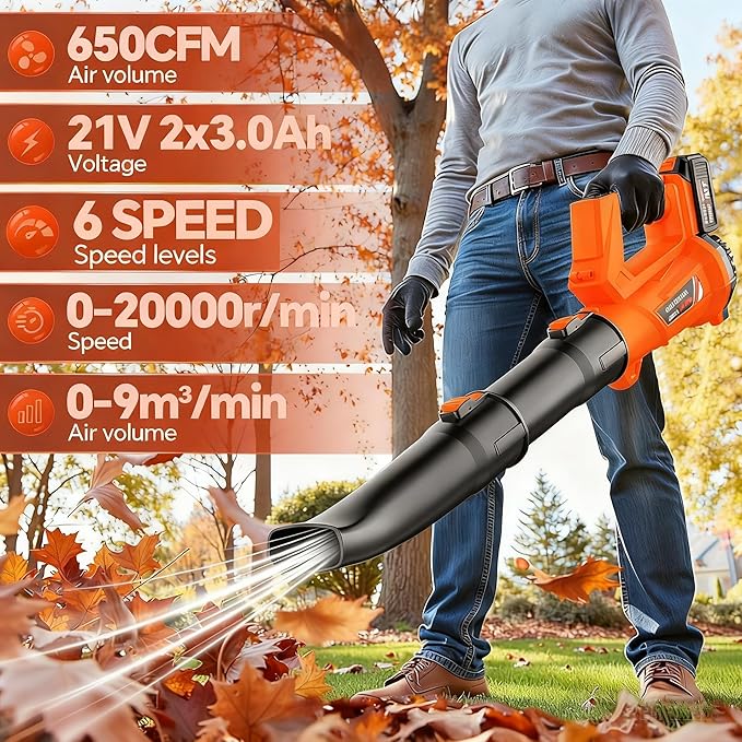 ELRINA Leaf Blower Cordless with 2 x 3.0Ah Batteries and Charger, 6-Speed Mode Lightweight Electric Blowers for Lawn Care, Yard Cleaning, Blowing Leaves, Dust, Snow Green, with Shoulder Straps