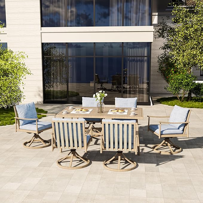 HAPPATIO 7-Piece Outdoor Dining Set for 6, Aluminum Patio Dining Set Includes 6 Swivel Dining Chairs and 1 Large Rectangular Table with Umbrella Hole, Patio Furniture Set for Lawn, Porch, Brown