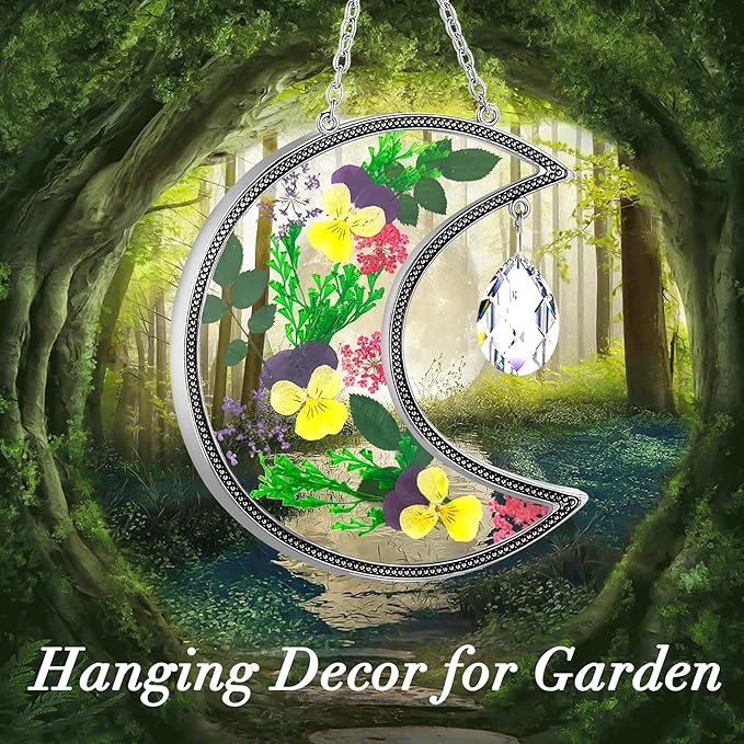 KY&BOSAM Crystal Moon Suncatchers Gifts for Mom Family Friends Stained Glass for Windows Wind Chimes Real Flower Colorful Crystal Outdoor for Garden Indoor Home Trees Patio Yard Porch Decor