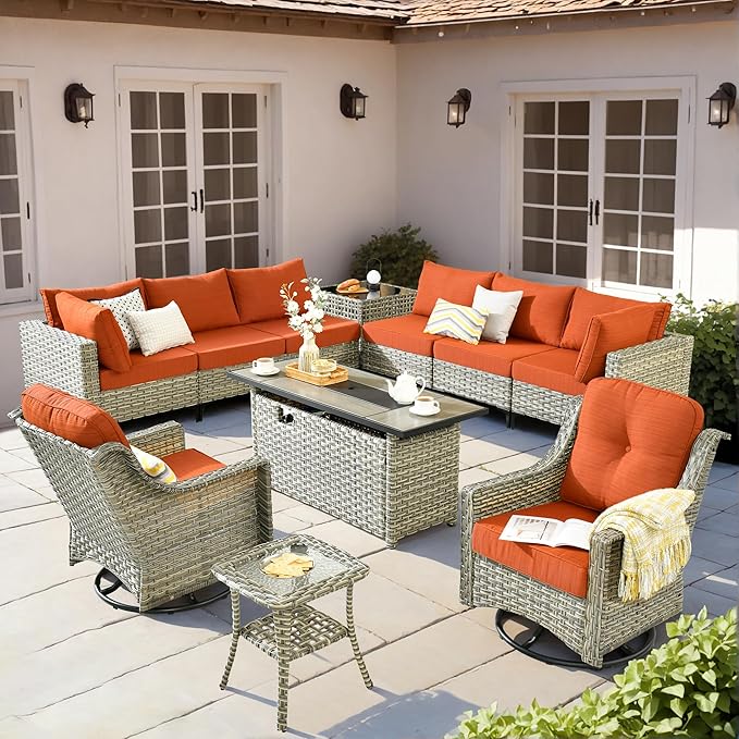 HOOOWOOO Outdoor Patio Furniture Set with Fire Pit Table,11 Pieces Wicker Out Door Sectional Furniture L Shaped Couch,Outside Patio Conversation Swivel Chair Sets,Brick Red