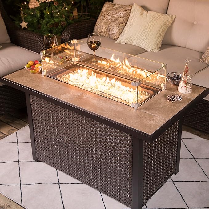 Nuu Garden 43" Propane Fire Pit Table, CSA Certified 50,000 BTU Outdoor Patio Propane Fire Pit Table with Fire Pit Wind Guard, Removable Lid, Ceramic Tabletop, Water-Proof Oxford Cover, Dark Brown