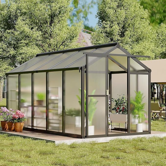 Greenhouse, 6x10 Ft Outdoor Greenhouses with Roof Vents and Sliding Doors, Aluminum Frame Polycarbonate Accessible Greenhouses, Suitable for Outdoor Gardens and Backyards, Black