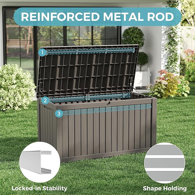 NUNU LAB 151 Gallon Outdoor Storage Box,Resin Large Sturdy Deck Box, Backyard Outside Storage Box Waterproof with Double Wall Panels,Package Delivery Garden Outdoor Hose Storage Bin,Grey