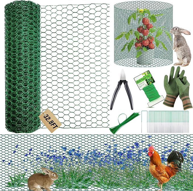 32.8FT x16Inch Plant Protectors from Animals - Wire Plant Protector Cages for Outdoor Plants, Free-Cut Metal Mesh Plant Covers Guards Fence, Chicken Wire Cloche with Ground Stakes,Zip Ties