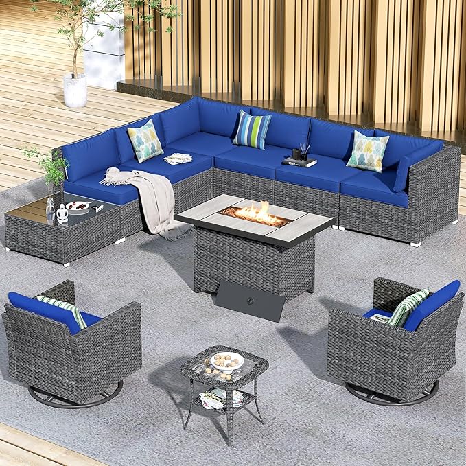 HOOOWOOO 11 Piece Patio Sectional Furniture Set with Fire Pit Table,Modern Wicker Outdoor Conversation Sofa Sets,Weather Resistant Modular L Shaped Outside Couch Swivel Chair Set(Navy Blue)