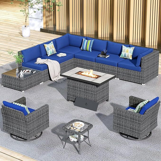 HOOOWOOO 11 Piece Patio Sectional Furniture Set with Fire Pit Table,Modern Wicker Outdoor Conversation Sofa Sets,Weather Resistant Modular L Shaped Outside Couch Swivel Chair Set(Navy Blue)