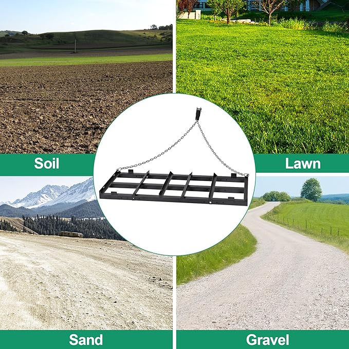 4 FT Drag Harrow Driveway Grader, Heavy Duty Power Rake, Driveway Drag for Gravel w/ 4 FT Chain, Tow Behind Lawn Rake for ATV, UTV, Tractor, Mower, Land Leveler for Gravel, Sand, Soil, Hay
