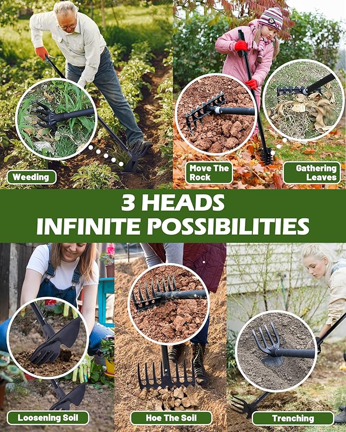 5-in-1 Garden Hoe - Adjustable 37" to 50" Handle, 5 Tool Heads, Heavy-Duty Weeding, Cultivating, and Raking Tool for Gardening, Camping, and Outdoor Use