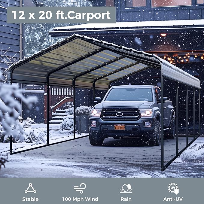 GREEN PARTY 12 x 20 ft Metal Carport Kits with Galvanized Steel Roof & Removable Sidewalls, Heavy Duty Metal Carport Canopy, Outdoor Car Tent Metal Garage Shelter for Car, SUV, Truck and Boats, Grey