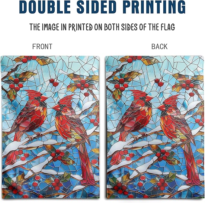 Winter Cardinal Bird Garden Flag for Outside 12x18 Stained Glass Red Birds on Snow Pine Tree Flag Christmas Outdoor Flags Double Sided Welcome New Years Yard Flag