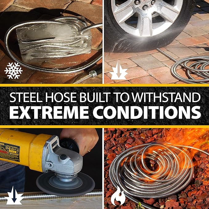 BIONIC STEEL 50 Ft Metal Garden Hose with Sprayer Nozzle, Non Kinking Designed Stainless Steel Heavy Duty Water Hose 50Ft x 5/8 in. Ultra Flexible NON Expandable for Uninterrupted Water Flow, 500 PSI