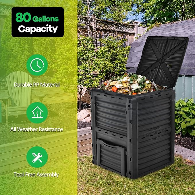 Goplus Compost Bin, 80 Gallon (300 L) Large Outdoor Composting Box w/Top Flip Latch-on Lid, Bottom Exit Door, BPA Free Material, Grass Food Trash Composter Barrel for Garden Yard (Black)