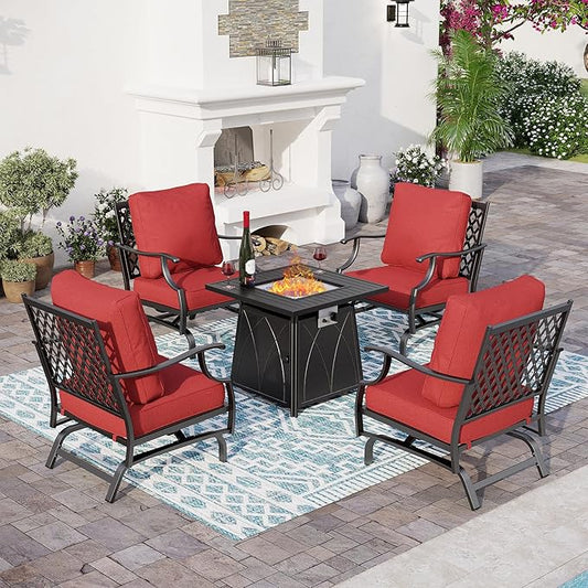 5 Piece Metal Outdoor Patio Furniture Set with Fire Pit Table, Patio Conversation Sets 4 Rocking Chairs with 5.75" Thick Cushion and 5000 BTU Fire Pit Table, Backyard Furniture, Red