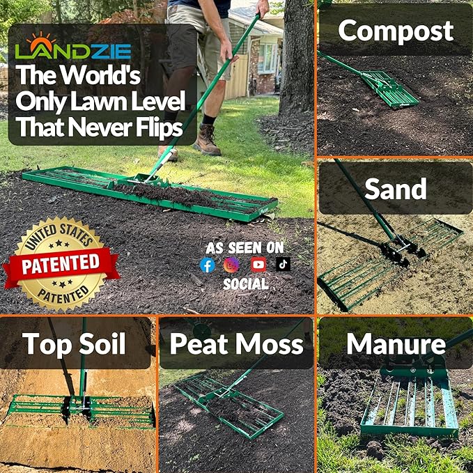 Landzie AeroLeveler - The Lawn Leveling Rake That Never Flips - Patented inch Wide Pneumatic Lawn Level for Yard, Dirt, Soil, Sand, Provides Stability and Control (Pneumatic 48" Leveling rake)