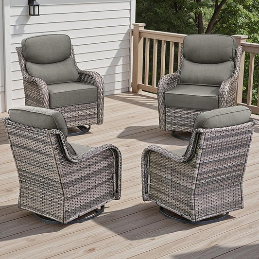 4 Piece Outdoor Patio Swivel Rocker Chairs, Waterproof Wicker, High Back, Deep Seating, Wide Armrest, Upgraded 6 inch Thick Cushions, Ideal for Deck Porch Backyard, Mixed Grey/Grey