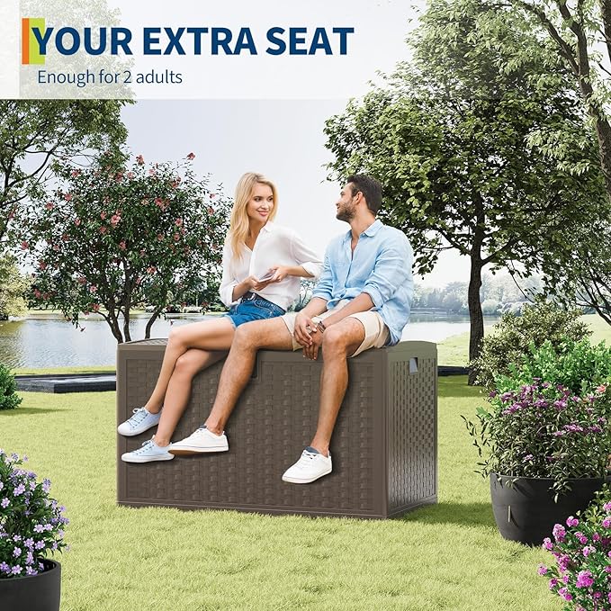 120 Gallon Outdoor Storage Box, Waterproof Deck Box, Lockable Storage Bin, Suitable for Patio Furniture, Pool Accessories, Gardening Tool, Rattan Brown