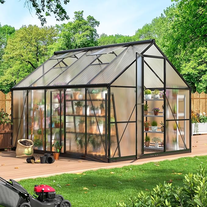WKM 8x10 FT Greenhouse for Outdoors, Quick-fit Structure Green House with Window for Ventilation, Aluminum Greenhouses for Garden Backyard, Black