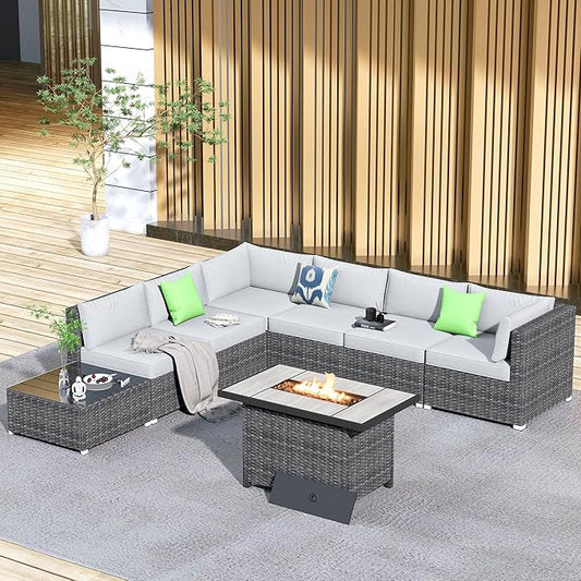 HOOOWOOO 8 Piece Patio Sectional Furniture Set with Fire Pit Table,Modern Wicker Outdoor Conversation Sofa Sets,Weather Resistant Modular L Shaped Outside Couch Set(Light Grey)
