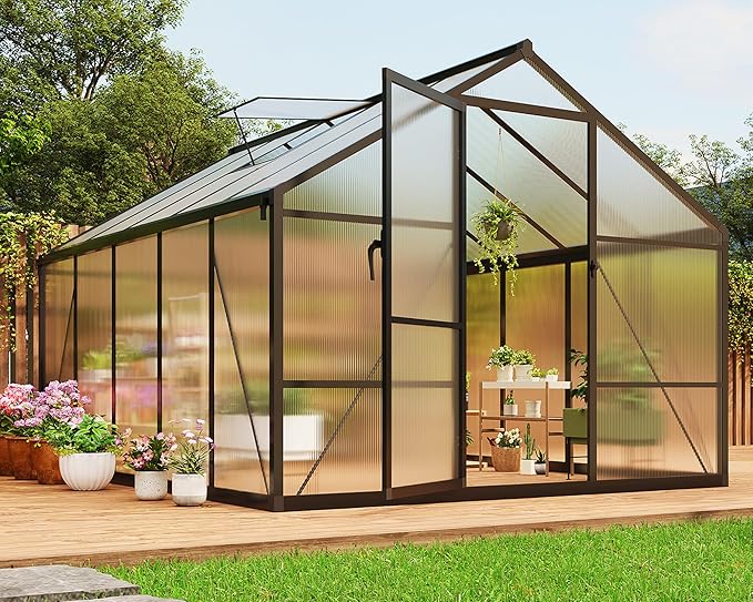 8×10 FT Greenhouse, Large Walk in Greenhouses for Outdoors and Garden Planting, Polycarbonate Greenhouse with Enhanced Aluminum Frame, Green Houses with Upgraded Floor Spikes and Roof Vent, Black