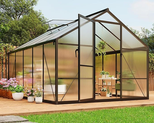 8×10 FT Greenhouse, Large Walk in Greenhouses for Outdoors and Garden Planting, Polycarbonate Greenhouse with Enhanced Aluminum Frame, Green Houses with Upgraded Floor Spikes and Roof Vent, Black
