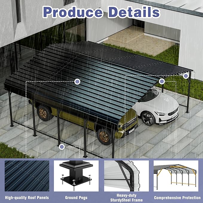 JY QAQA 20 x 20 FT Heavy Duty Metal Carport Canopy with Galvanized Steel Roof, Outdoor Car Tent Metal Garage Shelter for Car, SUV, Trucks and Boats
