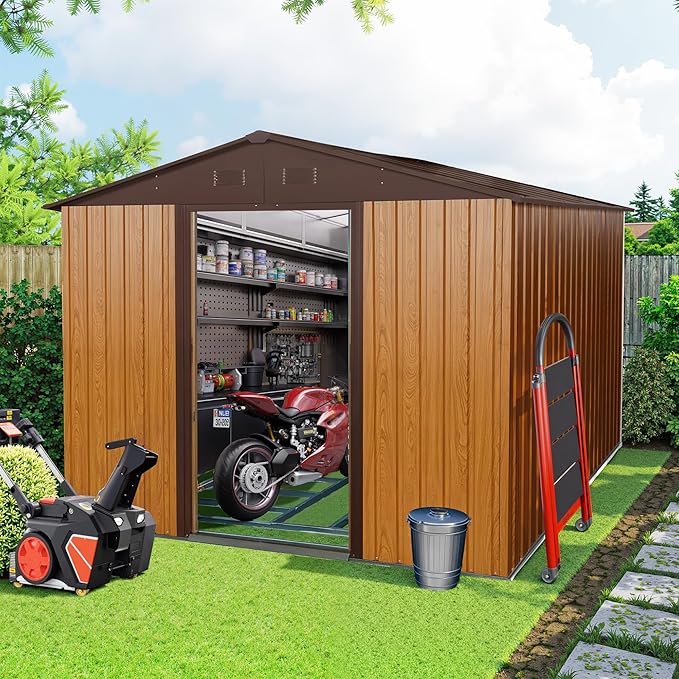 Sheds & Outdoor Storage 8ft x 10ft Iron Storage Shed with Metal Foundation Metal Garden Shed Tool Storage Cabinet with Secure Sliding Doors with Padlock for Backyard, Patio, Poolside, Coffee