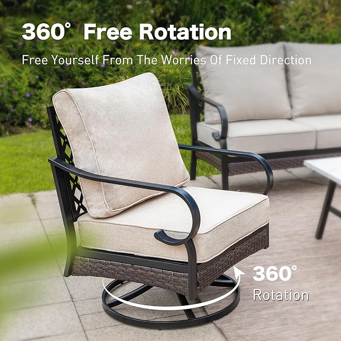 4 Piece Black Metal Outdoor Patio Furniture Sets with Firepit Table, Patio Conversation Sets 1 3-Seater Sofa, 2 Swivel Sofa with 5.75" Thick Cushion Backyard Furniture for Deck, Beige